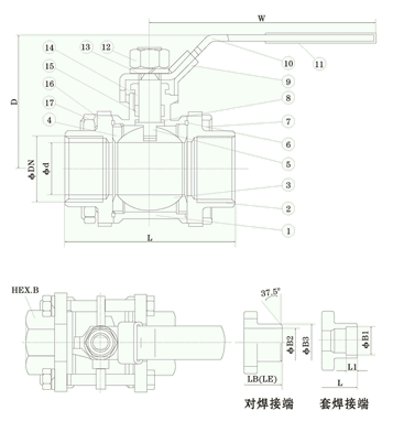 三片式全通径经济型球阀尺寸图